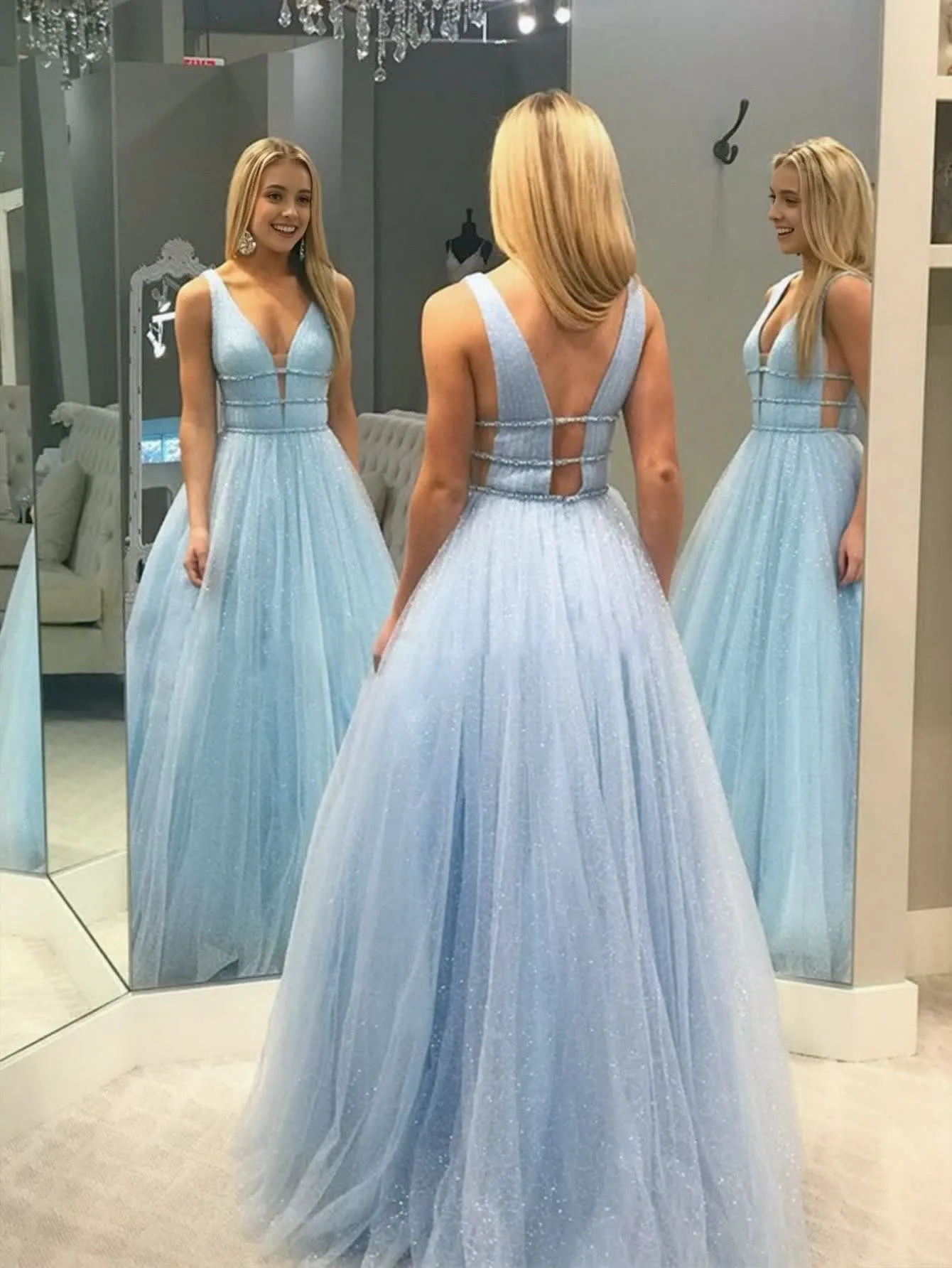 A-Line V Neck Glitter Tulle Prom Dress