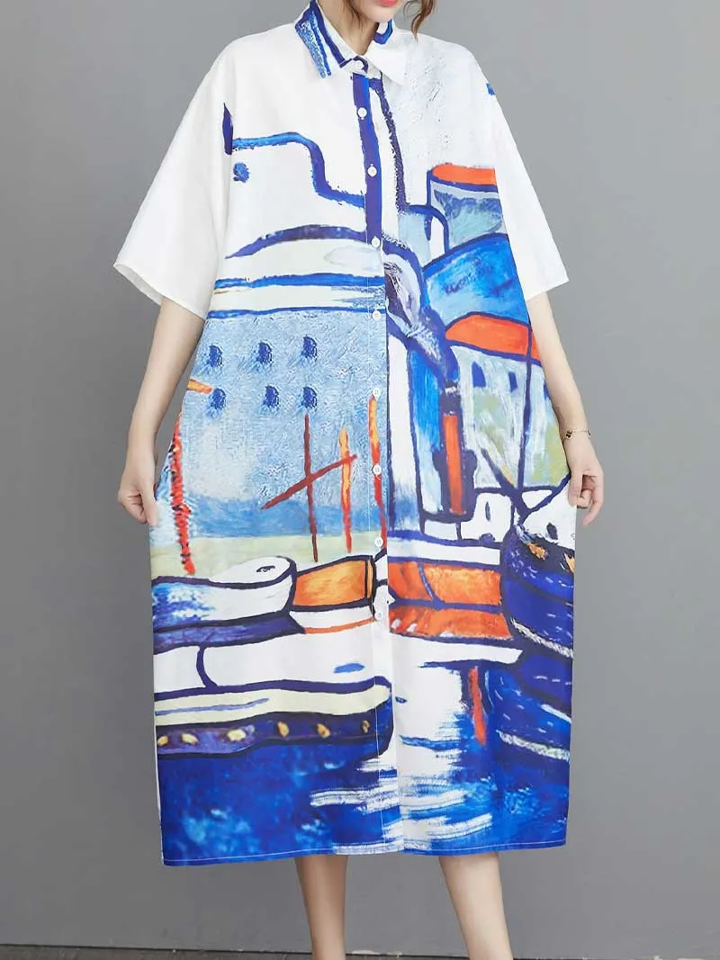 Abstract Art Print Cotton Short Sleeve A-Line Shirt Dress