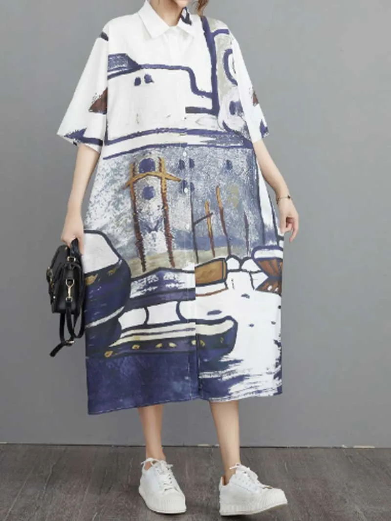 Abstract Art Print Cotton Short Sleeve A-Line Shirt Dress