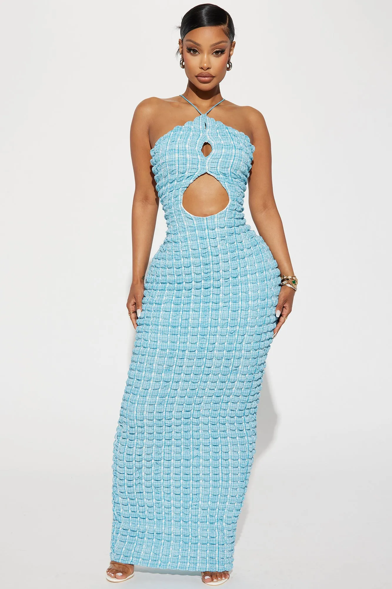 Ashton Textured Halter Maxi Dress - Aqua