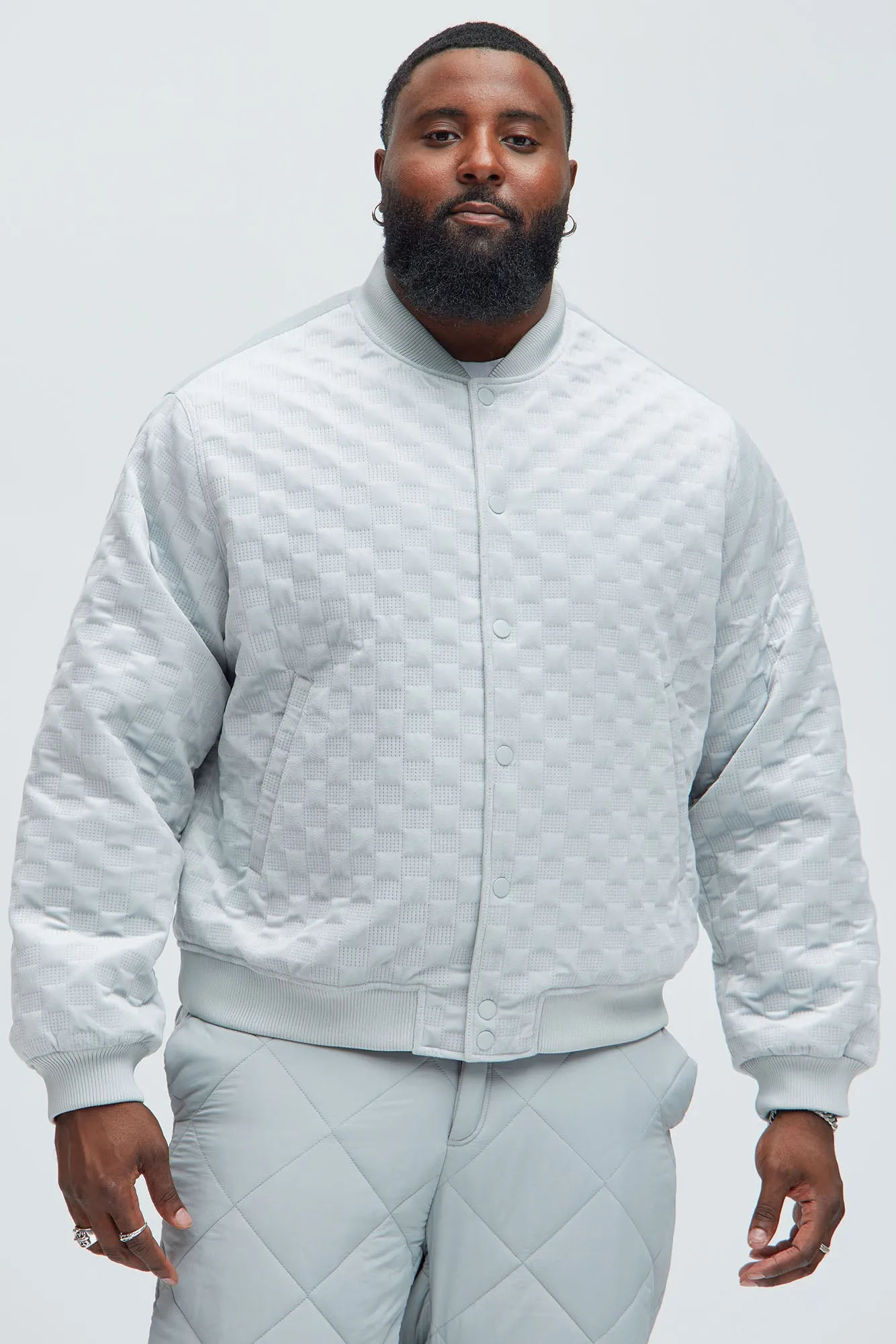 Bard Embossed Checker Bomber Jacket - Grey