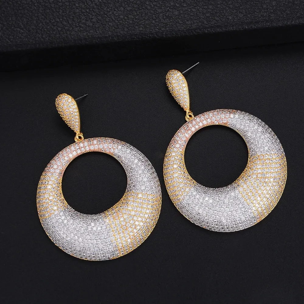 Big Round Circle Hollow CZ Drop Dangle Long Earrings For Women