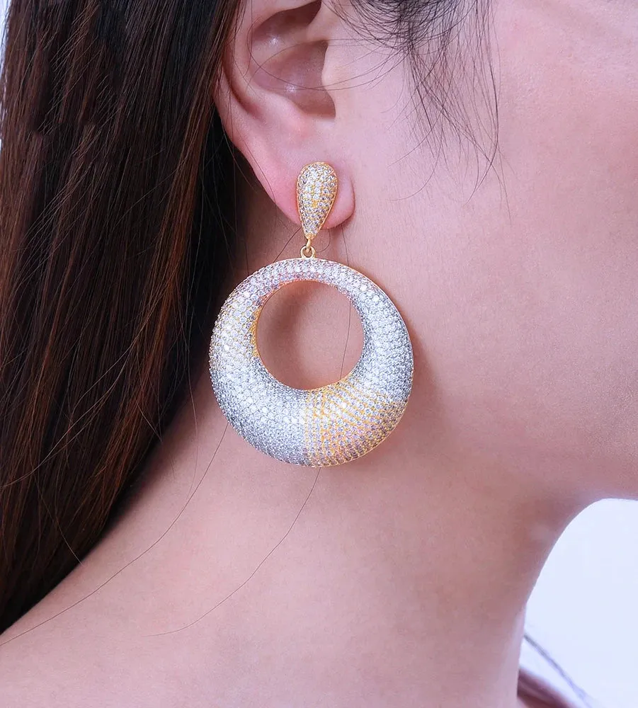 Big Round Circle Hollow CZ Drop Dangle Long Earrings For Women