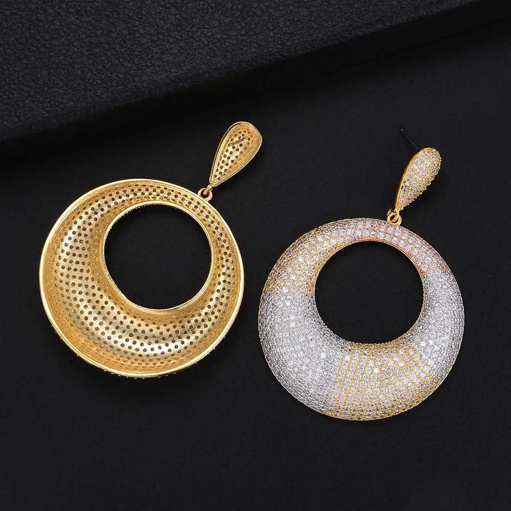 Big Round Circle Hollow CZ Drop Dangle Long Earrings For Women