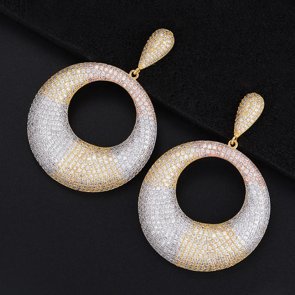 Big Round Circle Hollow CZ Drop Dangle Long Earrings For Women