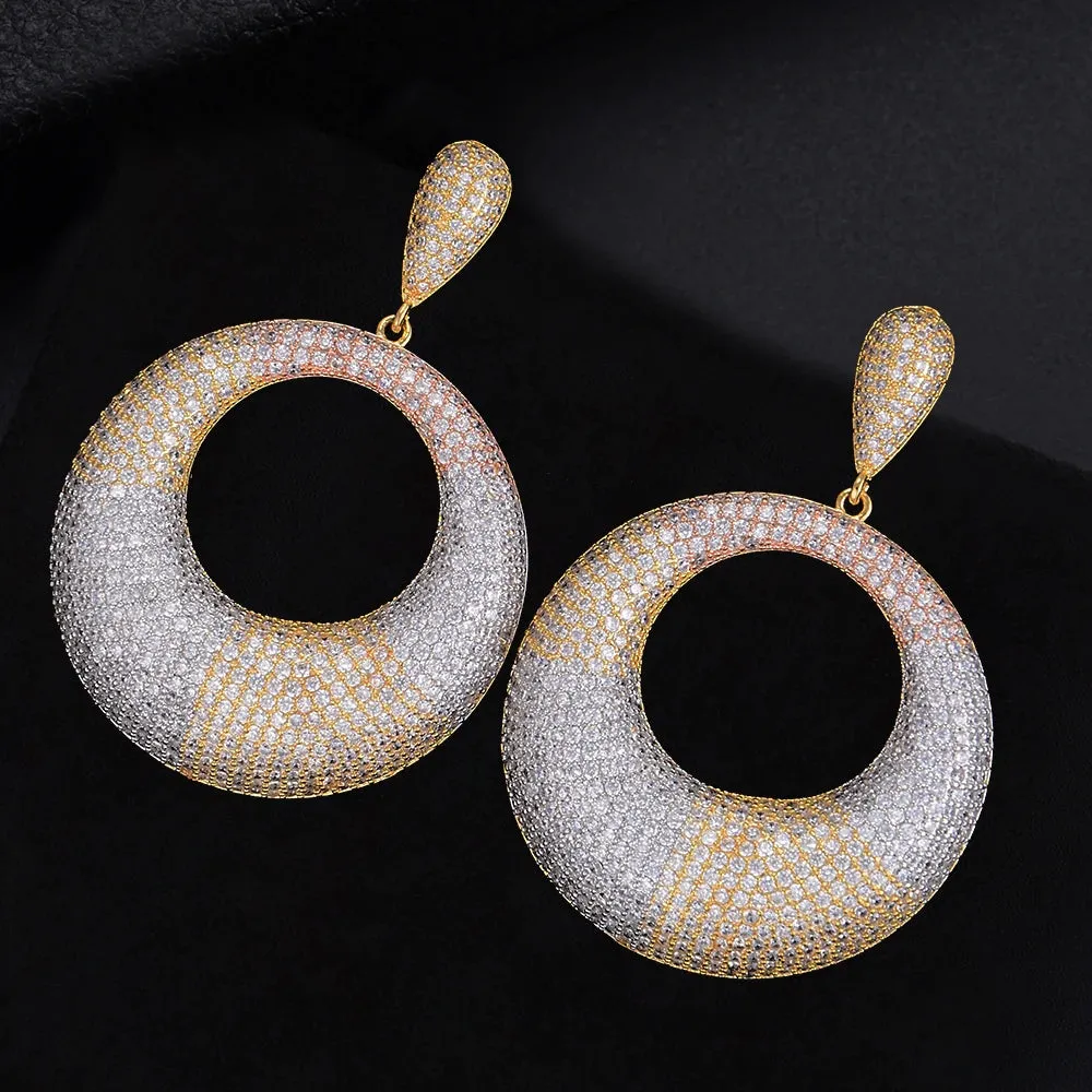 Big Round Circle Hollow CZ Drop Dangle Long Earrings For Women