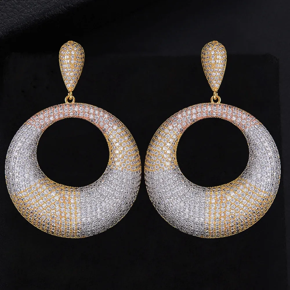 Big Round Circle Hollow CZ Drop Dangle Long Earrings For Women