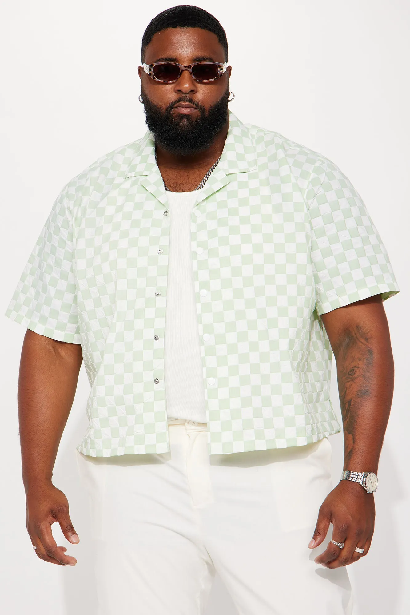 Bishop Textured Nylon Cropped Button Up Shirt - Green