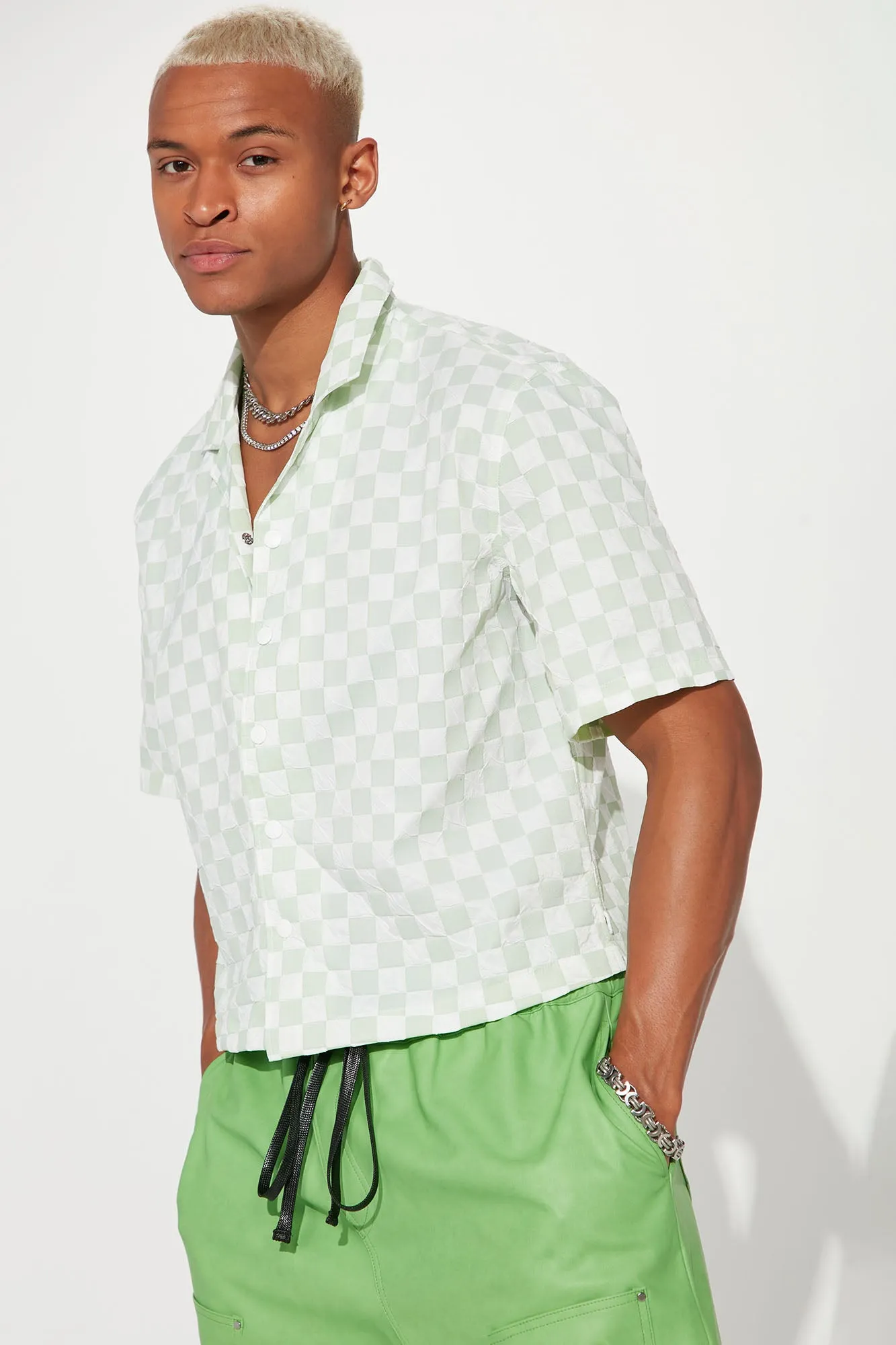 Bishop Textured Nylon Cropped Button Up Shirt - Green