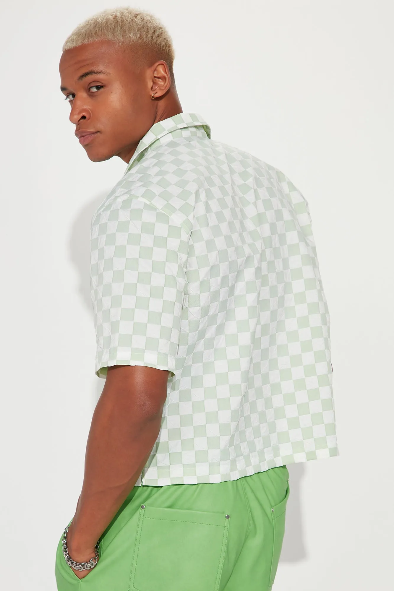 Bishop Textured Nylon Cropped Button Up Shirt - Green