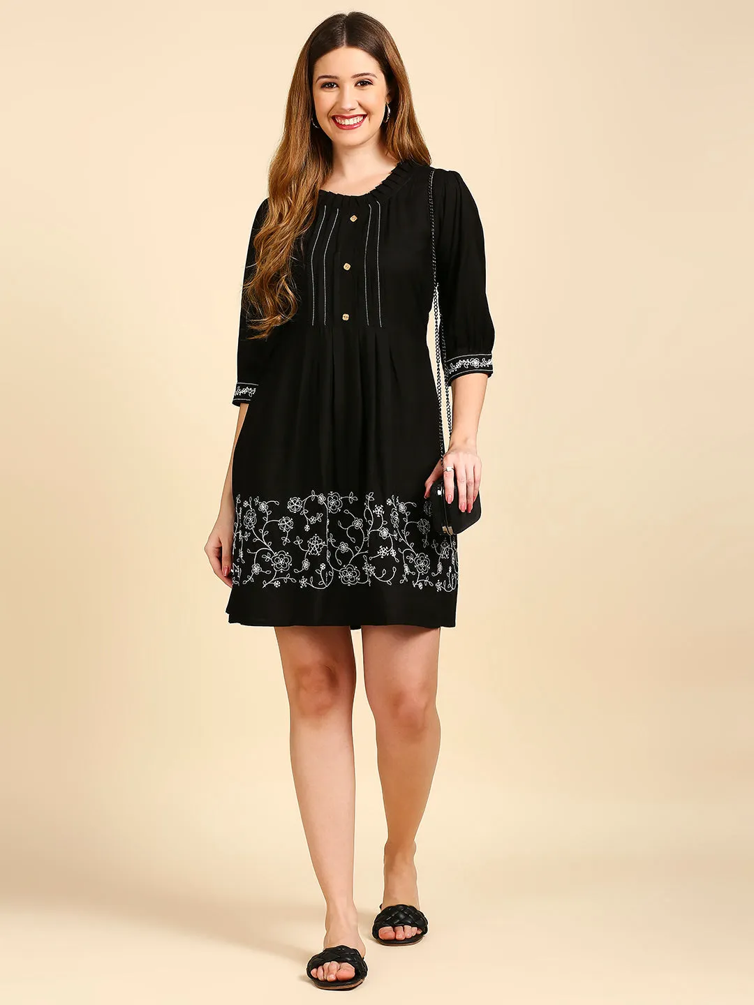 Black Floral A-Line Dress