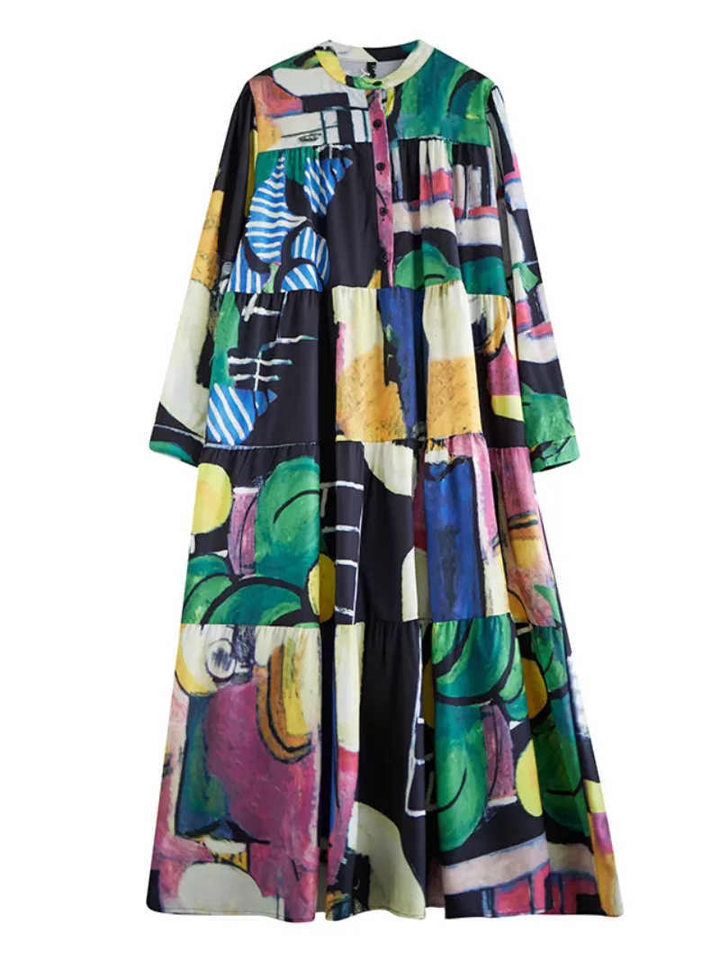 Colorful Loose Large Size Print Mid-Length A-Line Dress