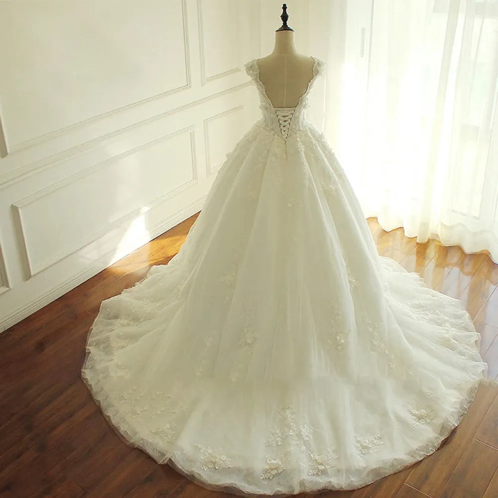 Elegant V Neck Flowers Lace Princess Wedding Dress Luxury A-Line Bridal Gown