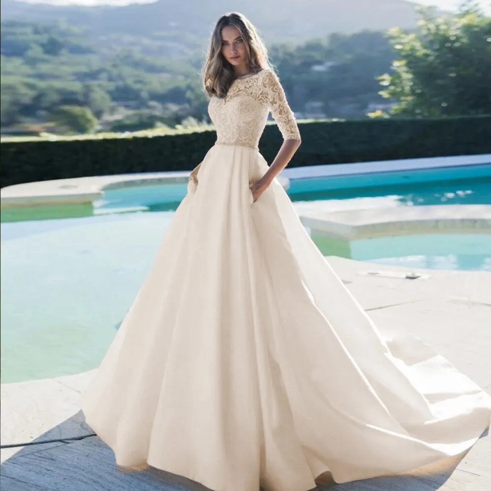 Scoop Neck Satin A-Line Wedding Dresses Luxury Appliques Beaded Sashes Court Train