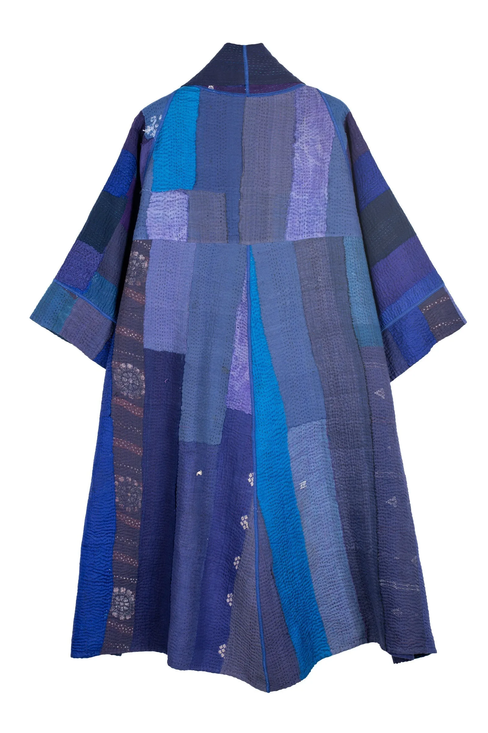 STRIPE AND CHECK COTTON SILK PATCH KANTHA 3/4 SLV. A-LINE DUSTER - ss4324-blu -