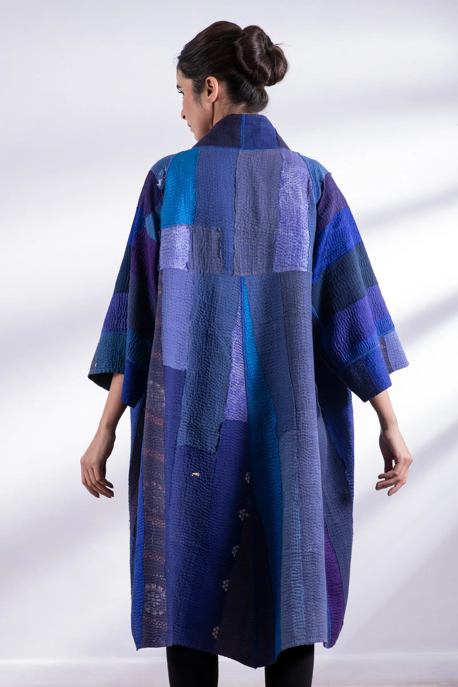 STRIPE AND CHECK COTTON SILK PATCH KANTHA 3/4 SLV. A-LINE DUSTER - ss4324-blu -