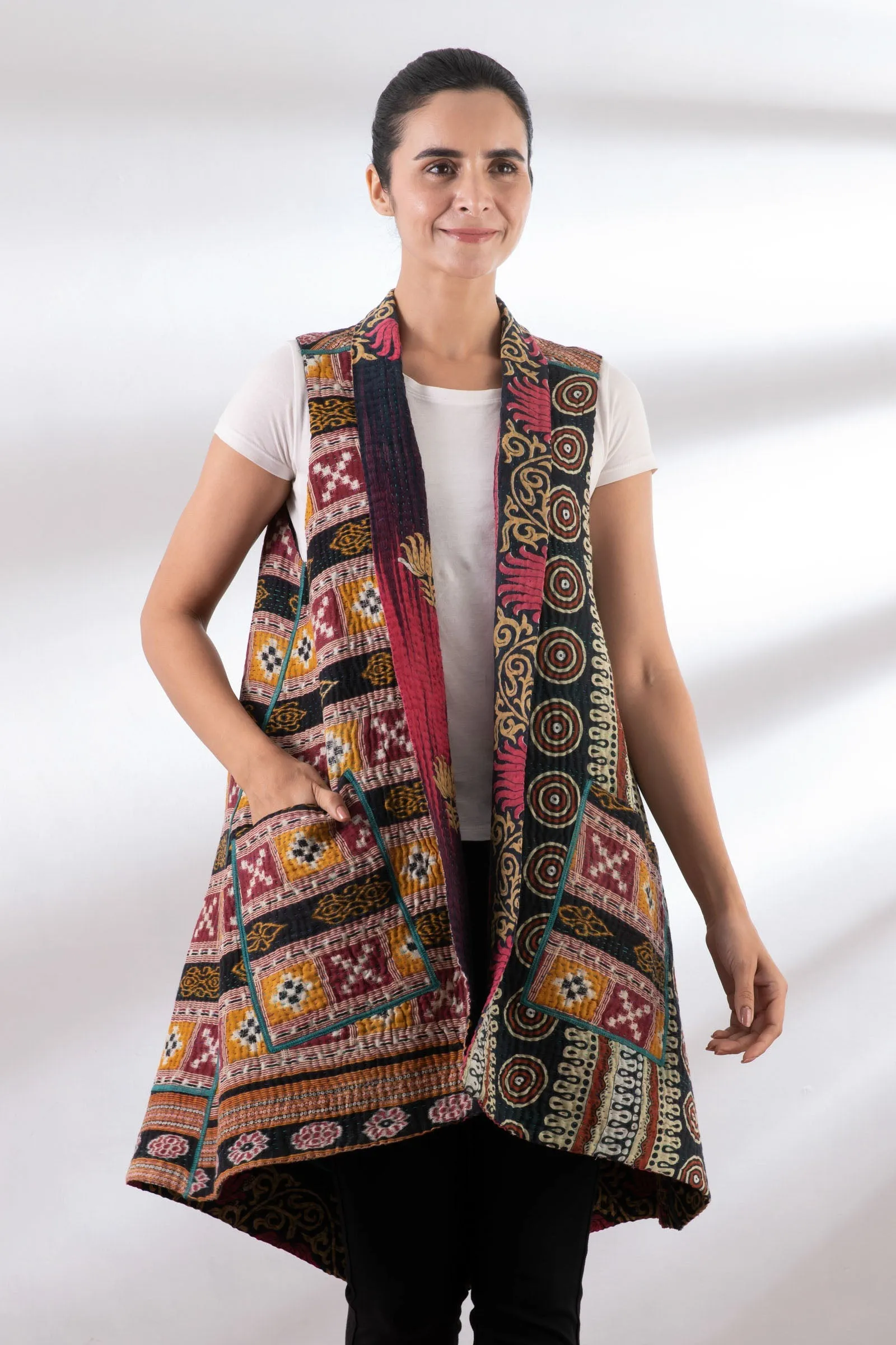 VINTAGE COTTON KANTHA A-LINE VEST - cv4203-0066a -