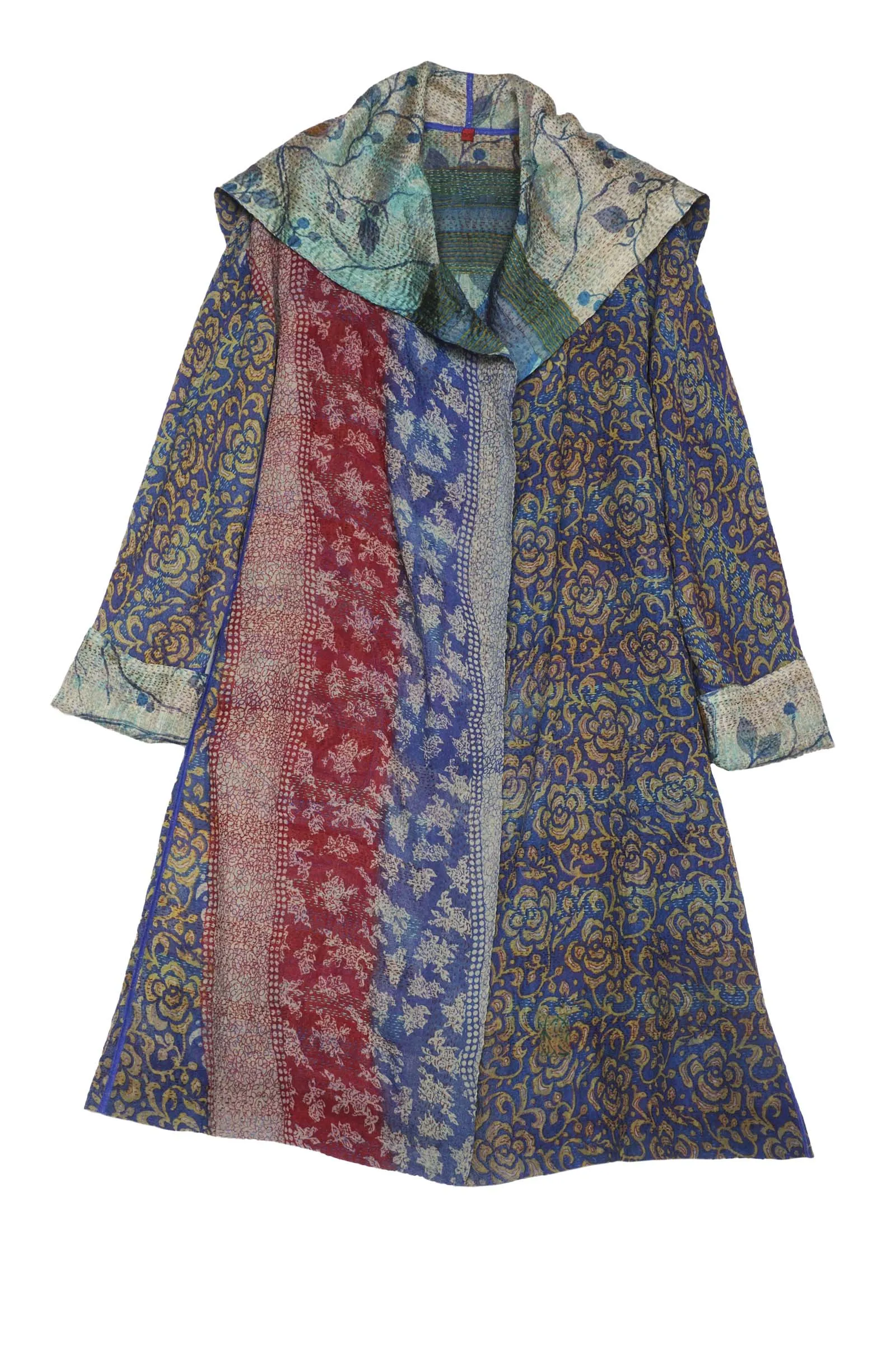 VINTAGE SILK GEORGETTE KANTHA A-LINE COAT - sg2309-0002a -