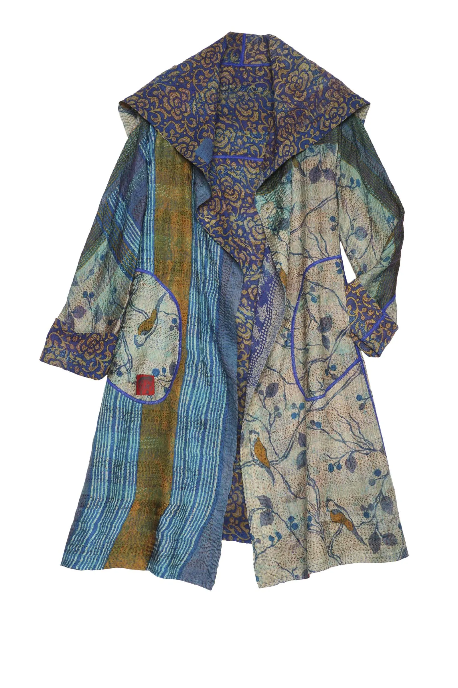 VINTAGE SILK GEORGETTE KANTHA A-LINE COAT - sg2309-0002a -