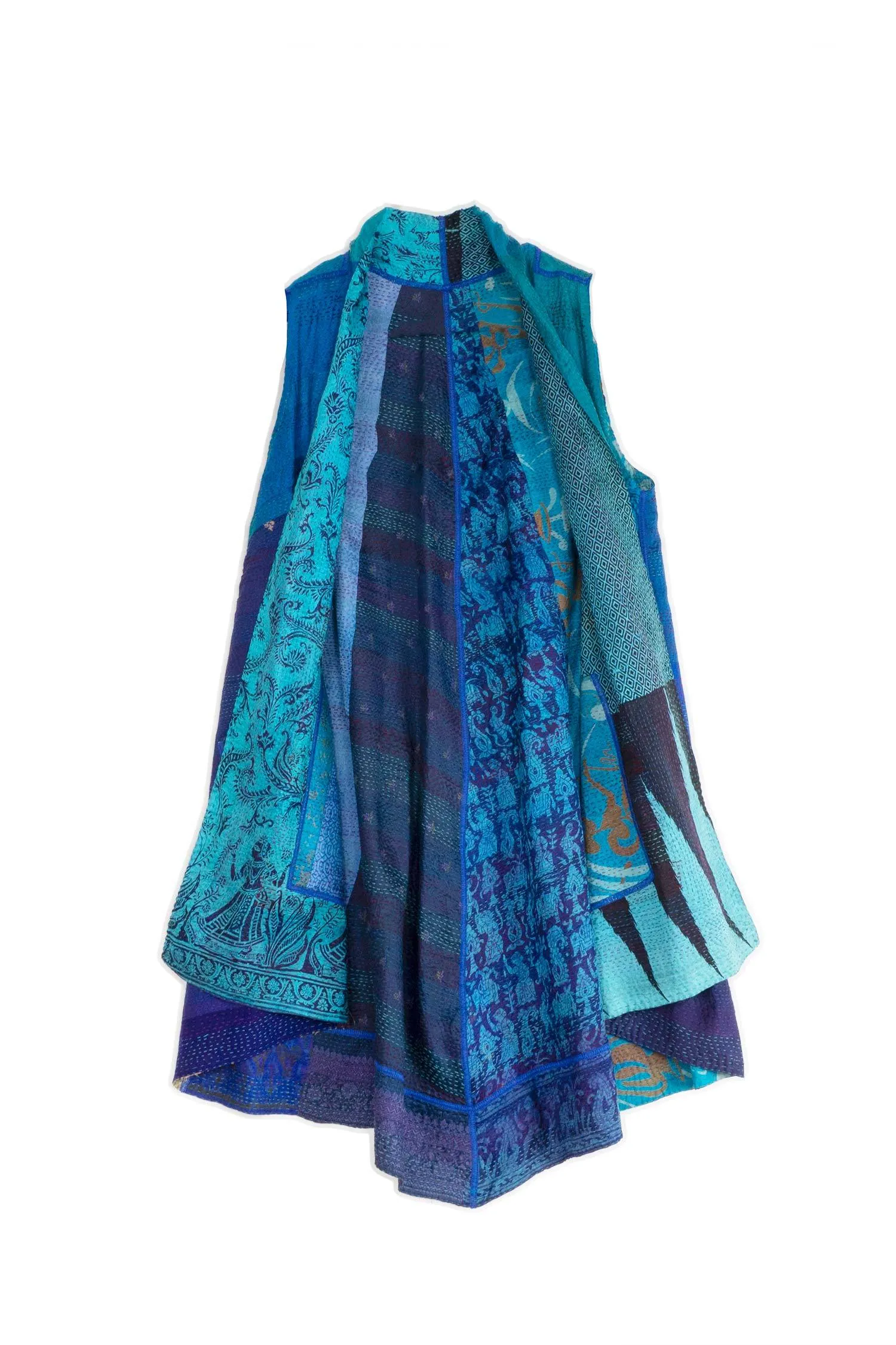 VINTAGE SILK PATCH KANTHA A-LINE VEST - vp2203-blu -