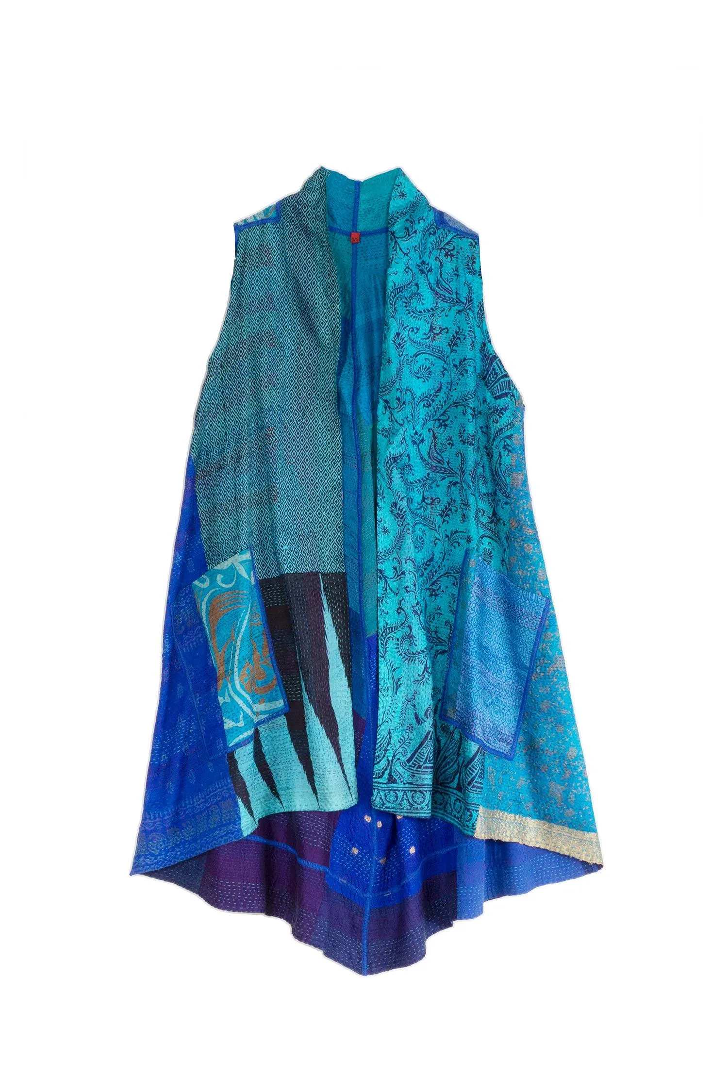 VINTAGE SILK PATCH KANTHA A-LINE VEST - vp2203-blu -