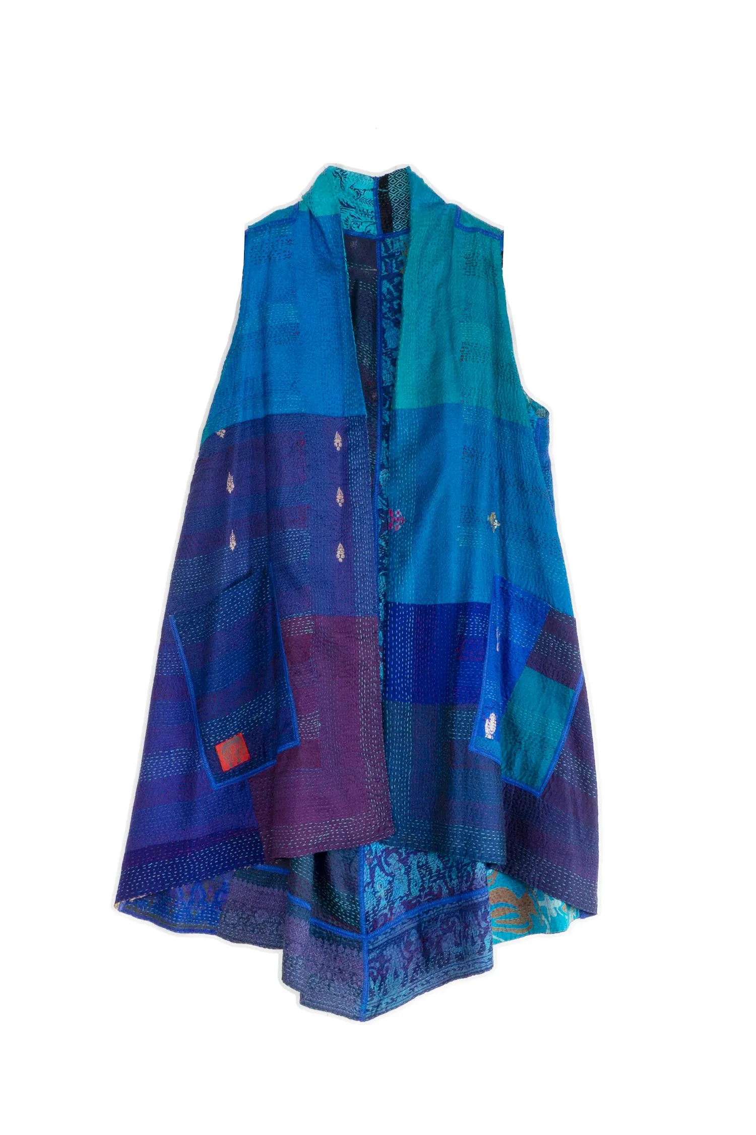 VINTAGE SILK PATCH KANTHA A-LINE VEST - vp2203-blu -